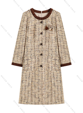 【南油虹姐】秋季排扣不规则领连衣裙复古裙子名媛显瘦连衣裙3067