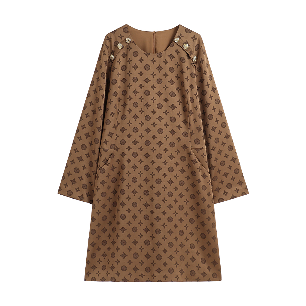 【COCO LESLEY】A字型长袖显瘦复古森系真丝连衣裙印花百搭圆领满