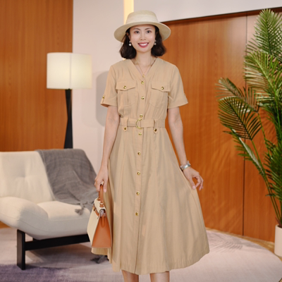 【南油虹姐】夏季新款法式小香风高级VV领气质短袖长裙