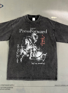 ARTIE男装250g洗水做旧复古工艺磨边做旧设计战马勇往直前印花T恤