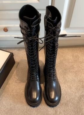 骑行靴女真皮系带高筒长靴2025秋冬新款ann长筒马丁靴不过膝靴子