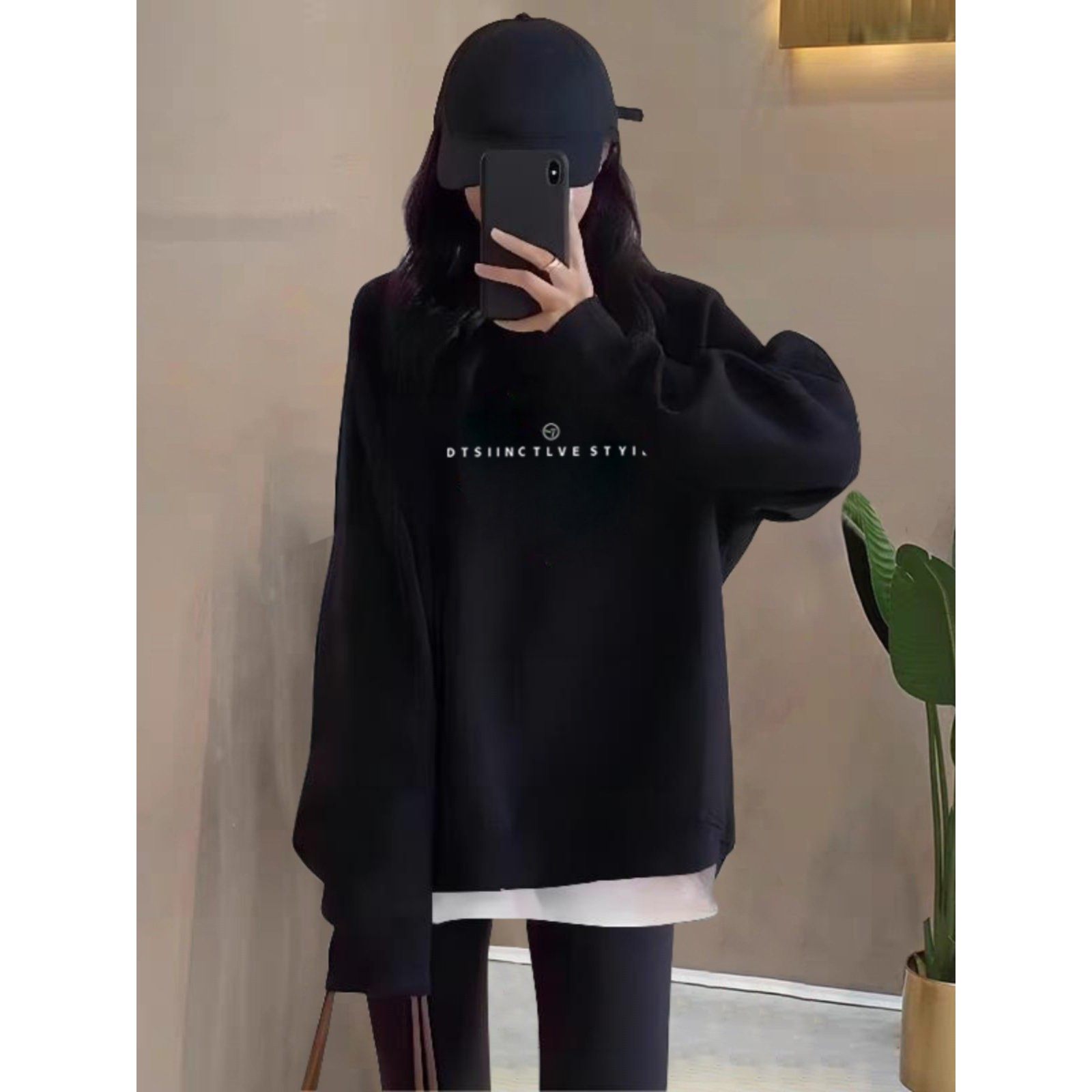 韩国假两件圆领卫衣女装2025春秋新款宽松中长款加绒加厚无帽上衣