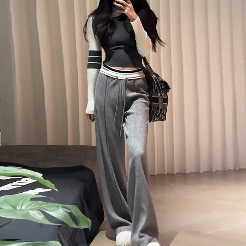 春季灰色美式拼接垂感宽松运动裤女春秋2025新款高腰显瘦阔腿裤子,女装/女士精品,大码裤装,淘宝优惠券,粉丝福利购,淘宝优惠卷