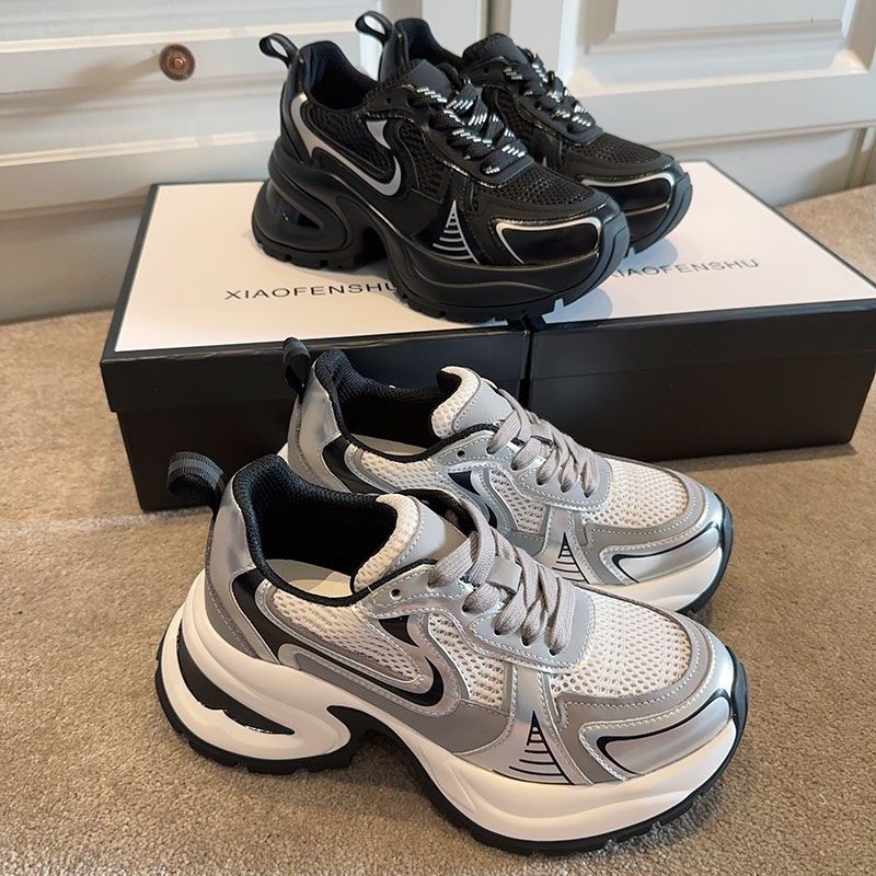 赵露丝同款弓形底老爹鞋女厚底增高休闲鞋真皮银色网面高跟运动鞋,女鞋,老爹鞋,淘宝优惠券,粉丝福利购,淘宝优惠卷