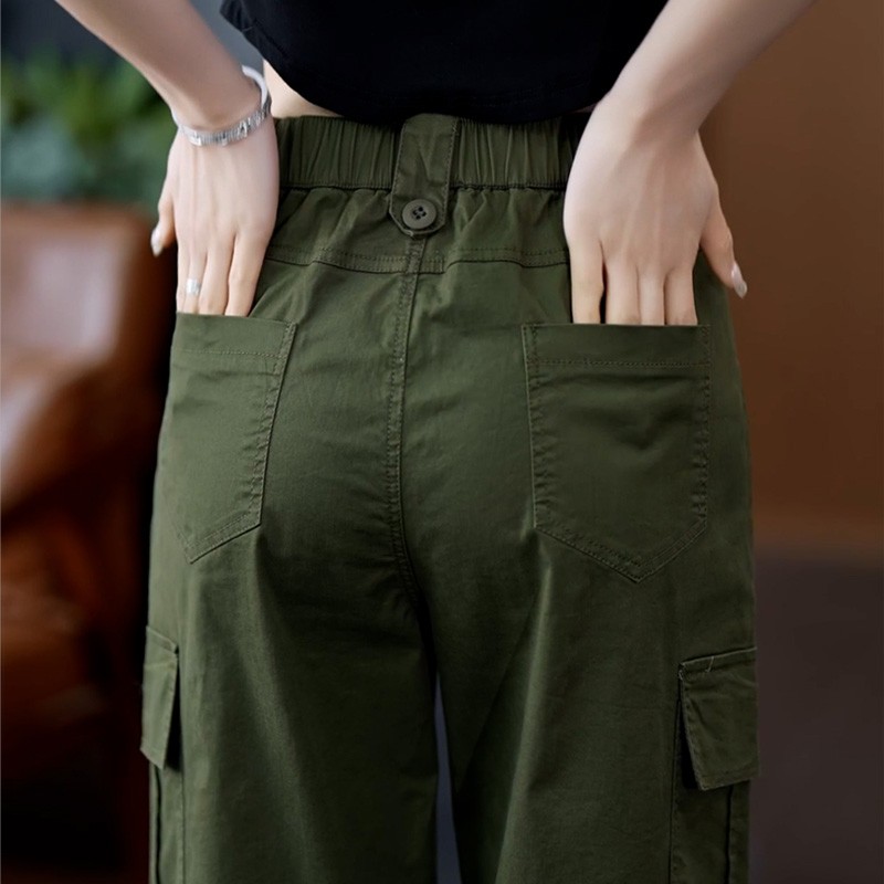 军绿色工装裤女款2025新款松紧腰显瘦高腰窄版直筒裤夏季薄款裤子