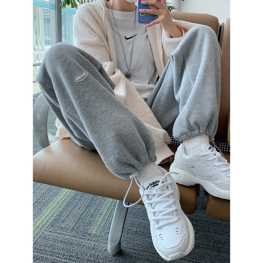 韩国新款灰色运动裤女春秋束脚高腰垂感冬季加绒宽松直筒阔腿卫裤,女装/女士精品,休闲裤,淘宝优惠券,粉丝福利购,淘宝优惠卷