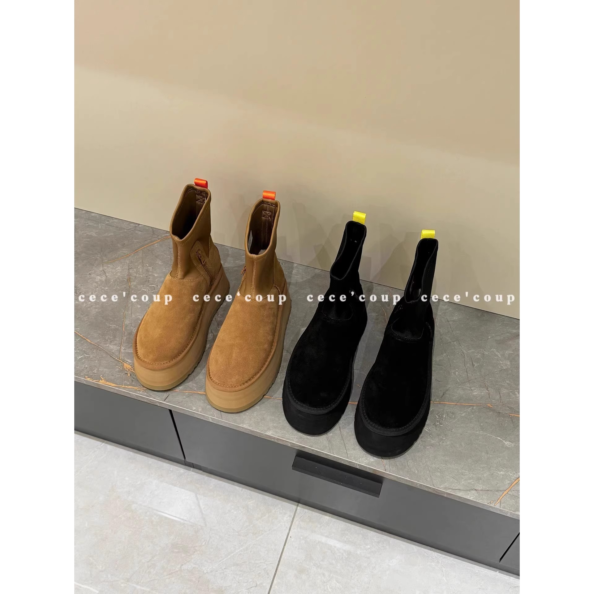 YG-CC 24FW 保暖弹力袜筒松糕鞋厚底加绒雪地靴女羊皮毛一体短靴