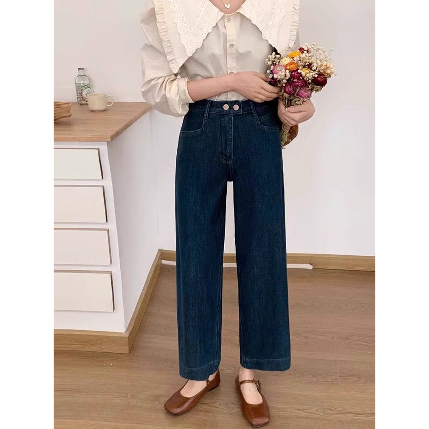 深蓝色直筒九分牛仔裤女秋款2025新款宽松显瘦百搭梨形身材阔腿裤,女装/女士精品,大码裤装,淘宝优惠券,粉丝福利购,淘宝优惠卷