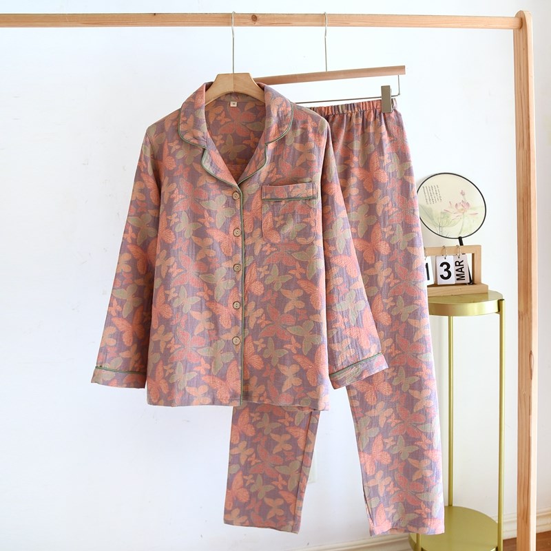 睡衣女春秋季纯棉纱布长袖色织复古夏天中老年妈妈全棉家居服套装
