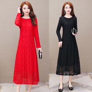 2021春夏季 长袖 黑色蕾丝连衣裙女装 韩版 打底长裙 遮肚胖mm大码 长款