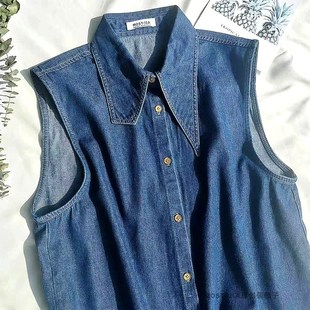 好品质牛仔打底无袖衬衣马甲衬衫女复古叠穿背心女百搭内搭上衣棉