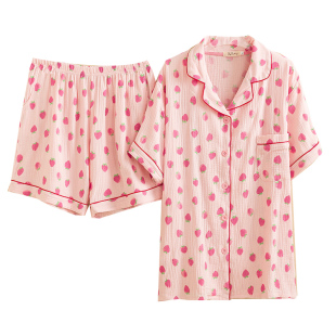 胖mm宽松家居服 简约水果双层纱布睡衣女夏季 加肥大码 短袖 开衫