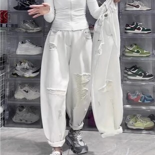 九分阔腿宽松显瘦老爹裤 新款 子 女2025年春季 白色破洞哈伦牛仔裤