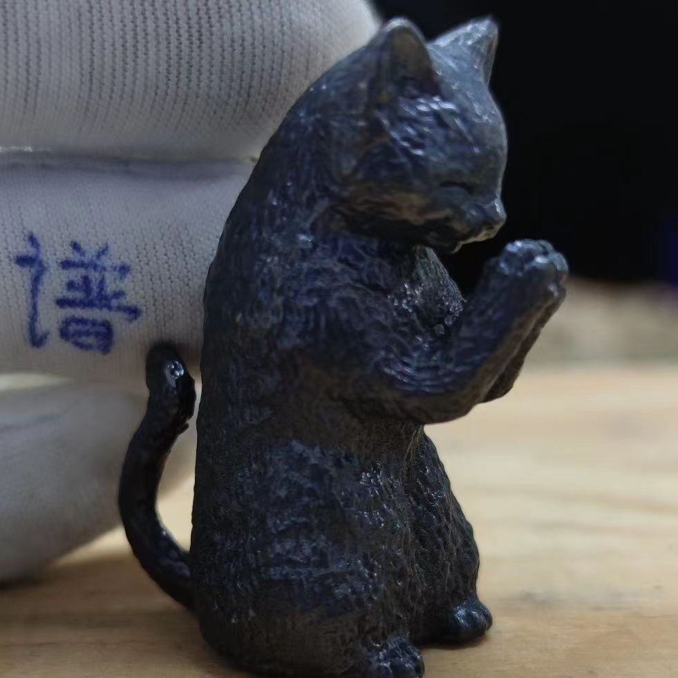 纯铜做旧小黑猫拜月站姿黑猫招财猫神秘猫咪模型模型摆件车载装饰