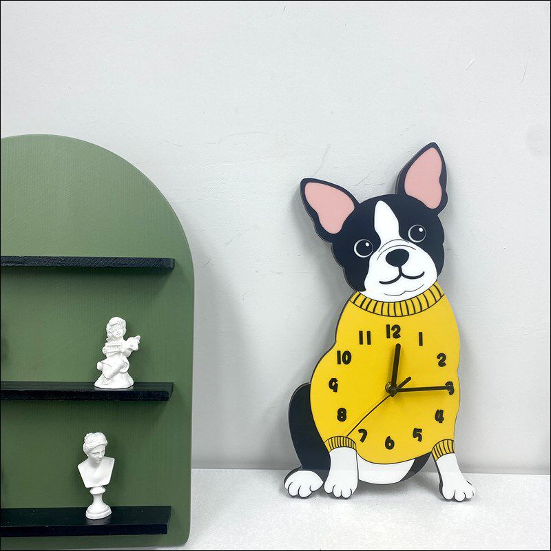 法斗狗狗卡通创意装饰挂墙挂钟宠物店狗舍客厅可爱个性静音时钟表