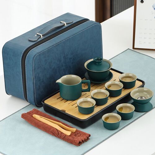 茗峰绿陶功夫茶具套装茶壶盖碗茶杯茶盘便携收纳旅行整套礼品茶具