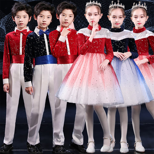 儿童合唱演出服蓬蓬裙中小学生主持朗诵礼服男女童大合唱表演服装