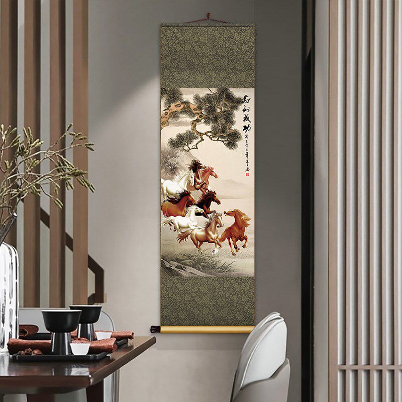 马到成功挂画中式客厅玄关装饰画卷轴装裱老板办公室字画茶室壁画