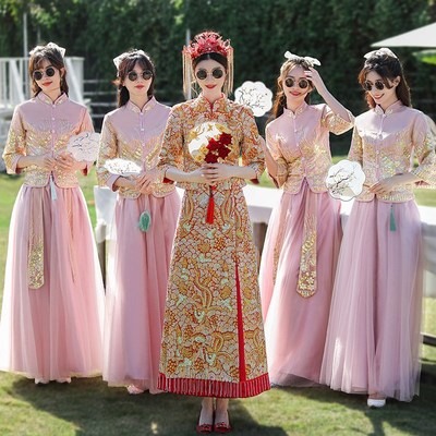中式伴娘服姐妹团装2024秋冬新款蓝色礼服女中国风大码胖mm姐妹裙