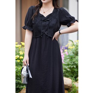 大码 2024年夏装 国风小黑裙显瘦短袖 气质方领新中式 胖mm连衣裙 新款