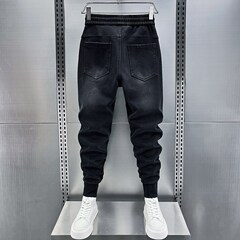 加绒加厚小脚牛仔裤男冬季个性男士松紧腰弹力拉链束脚休闲九分裤