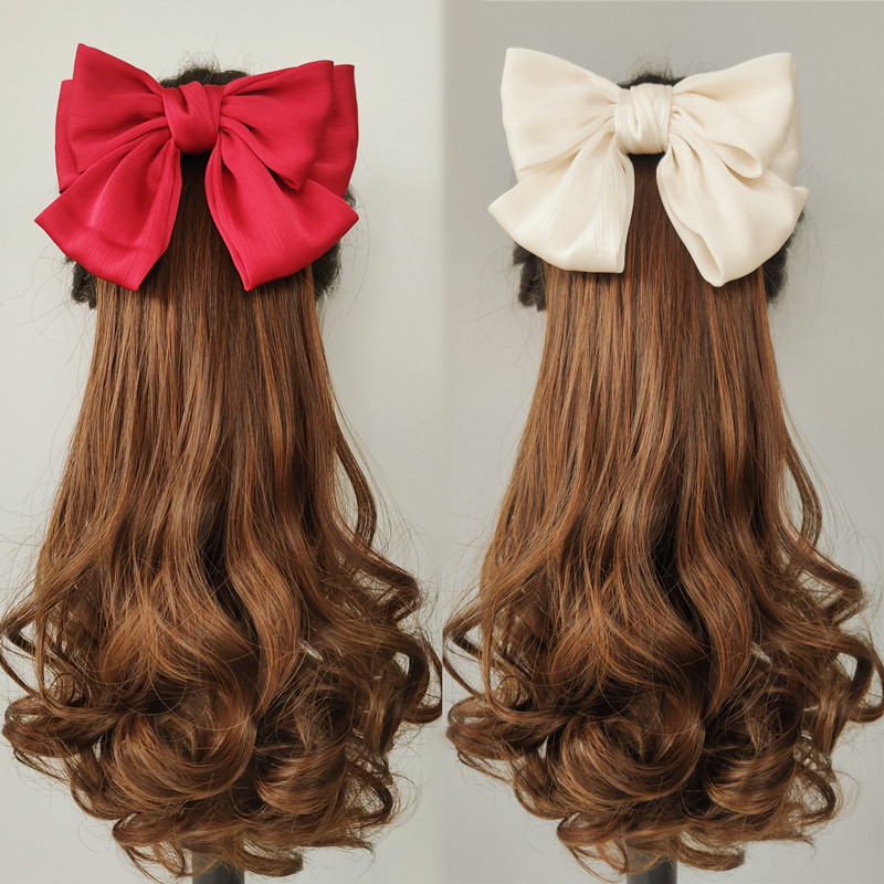 洒红蝴蝶结梨卷马尾40厘米拆卸插梳款高温丝头发辫子梨花卷发时尚