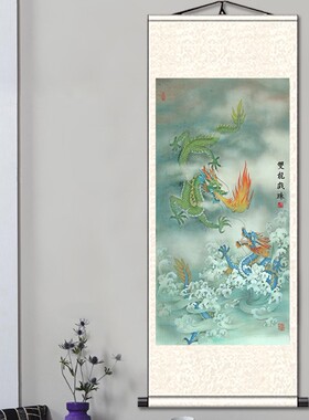 国画龙图画水墨画金龙戏珠画丝绸玄关挂画鲤鱼跳龙门客厅装饰画