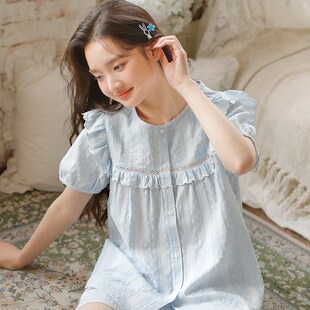 短裤 甜美风短袖 开衫 家居服套装 夏季 甜美法式 纯棉睡衣女2024年新款