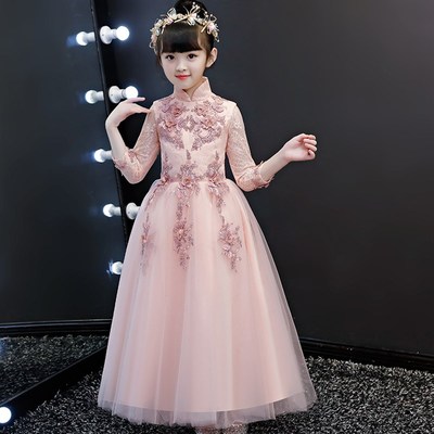 儿童公主裙加绒花童婚礼长袖生日礼服女童小主持人钢琴演出服秋冬