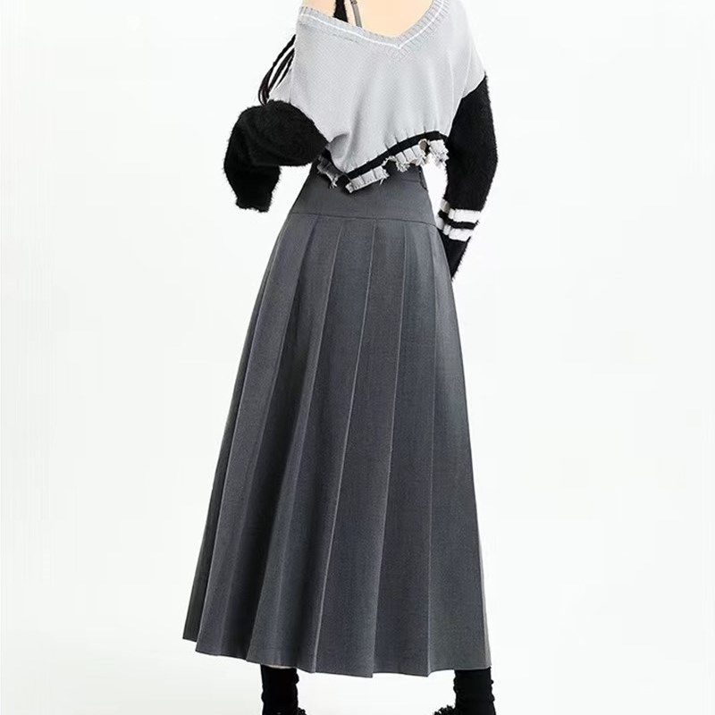 胖mm灰色高腰百褶半身裙长裙女大码设计感学院风西装中长款A字裙