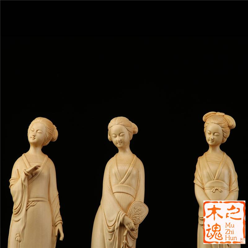 现代桧木雕刻窈窕淑女中式家居客厅摆件装饰品江南美女人物工艺品