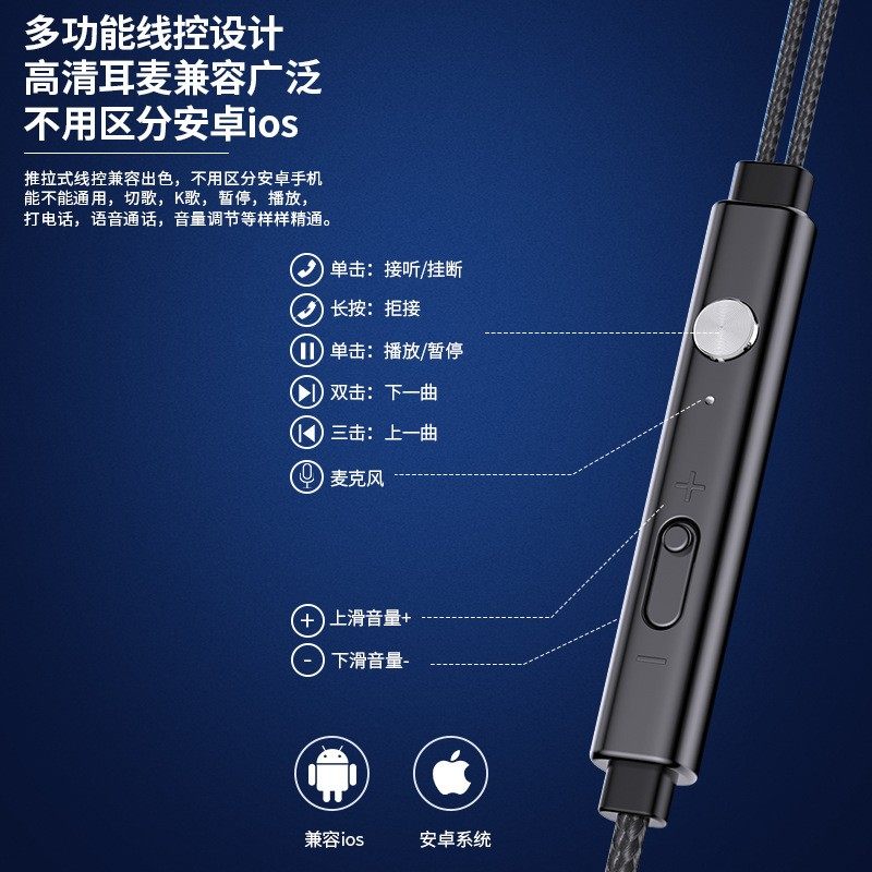 3.5mm毫米圆孔半入耳式耳机有线尼龙绳编织线耐磨耐用防断耐拉扯