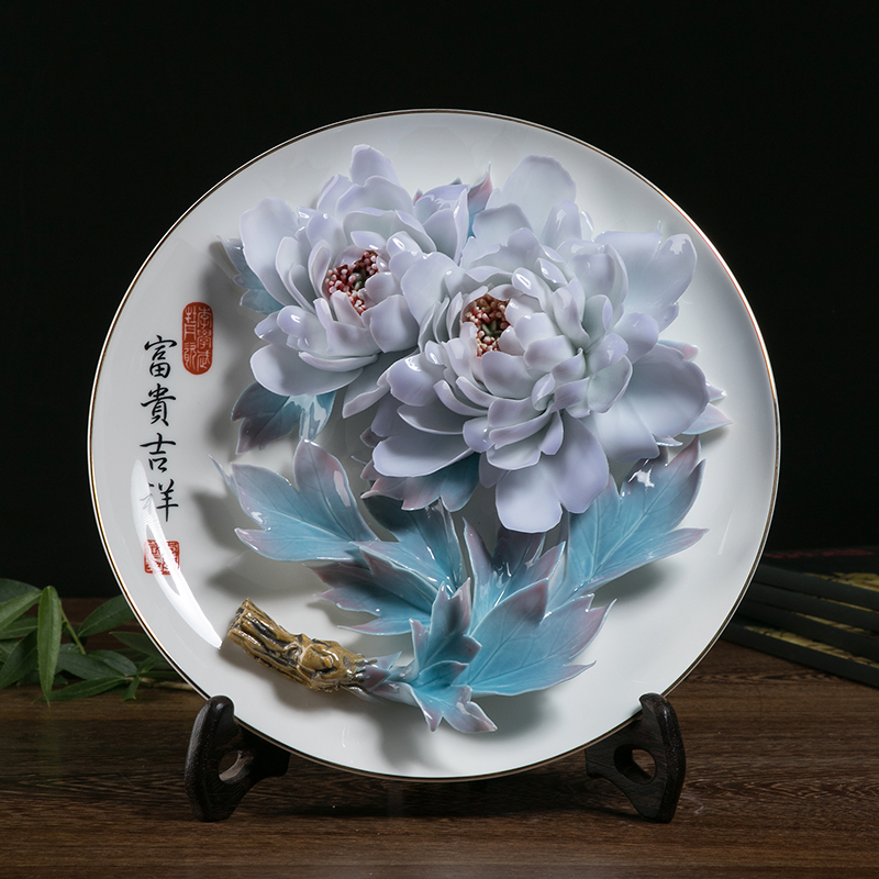 洛阳李学武牡丹瓷盘摆件陶瓷结婚礼物定制公司年会礼品礼盒装