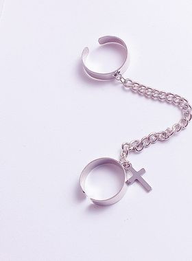 现货速发韩版蹦迪连体组合环男学生个性嘻哈十字架链条双指