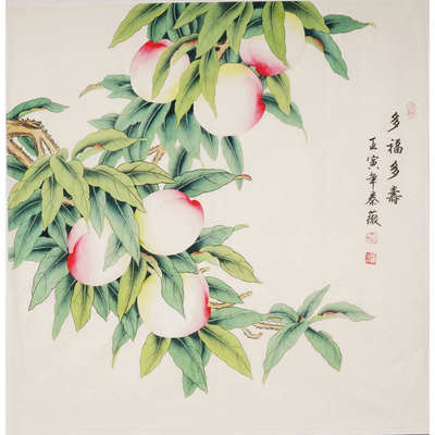 工笔画国画寿桃装饰画手绘花鸟画挂画01129玄关字画客厅三尺薇秦