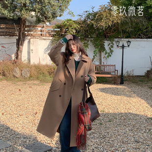 09women韩版大码复古英伦风双排扣长款毛呢大衣微胖呢子外套78975