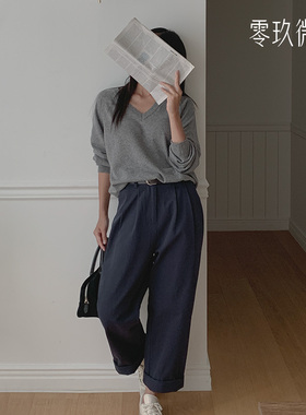 零玖微茗微胖大码韩版烟管裤直筒宽松显瘦棉质松紧腰长裤女77496