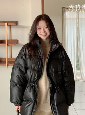 2025冬韩版休闲轻暖宽松中长款羽绒棉服收腰显瘦黑色厚外套79183