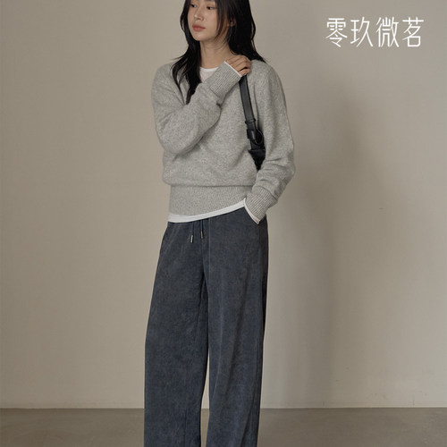 零玖微茗韩微胖mm职业长裤大码休闲灯芯绒开叉直筒阔腿裤女78462