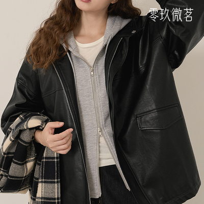 09women韩国大码连帽假两件皮衣