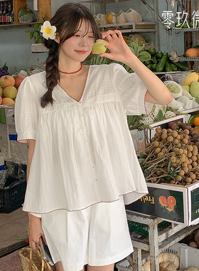 断码特价韩国大码女装甜美民族风蕾丝提花短袖衬衫V领上衣82096