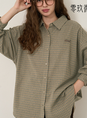 09women韩国大码女装休闲巧克力慕斯格子刺绣衬衫微胖mm衬衣83637