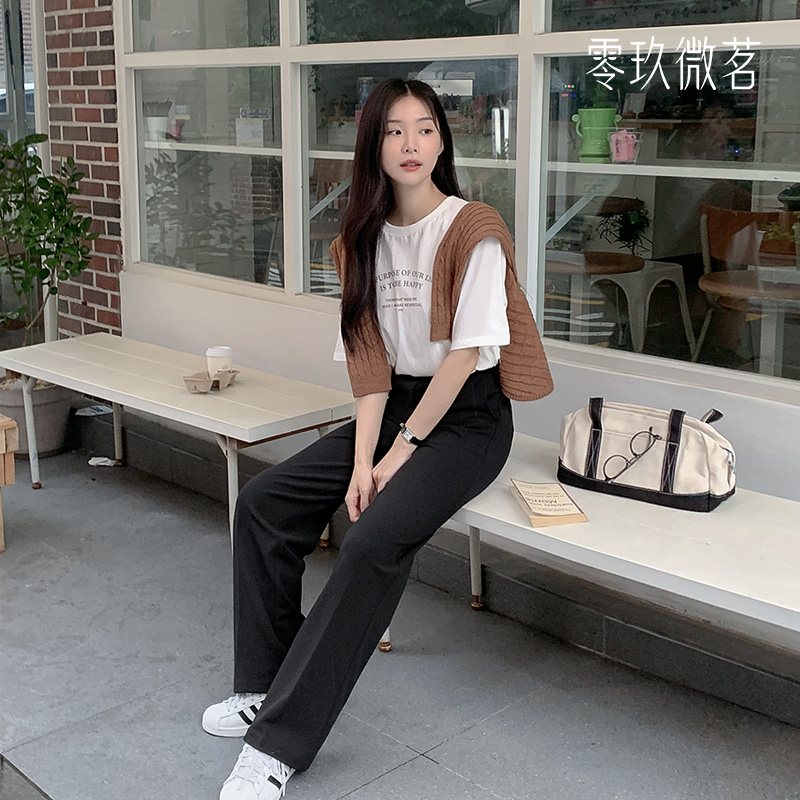 零玖微茗韩版大码微胖女直筒高腰弹力显瘦西裤黑色职业长裤71806