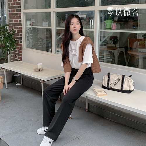 零玖微茗韩版大码微胖女直筒高腰弹力显瘦西裤黑色职业长裤71806