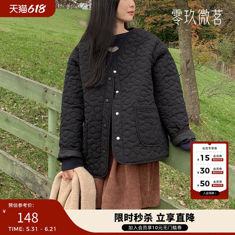 零玖微茗韩版大码女秋冬花朵棉服V领保暖棉衣外套78508