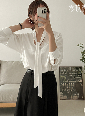 09women韩国大码女装时尚混纺衬衣垂坠感OL飘带微胖气质衬衫86275