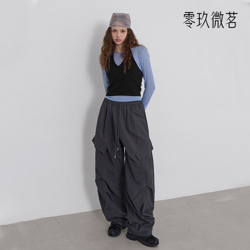 09women2026韩国大码女装休闲舒适直筒裤防水尼龙宽松工装裤86354