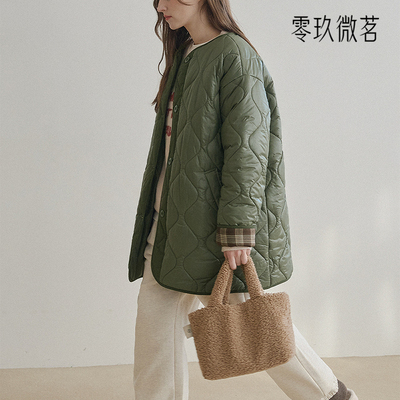 09women大码秋冬新款衔缝纹路宽松中长款棉服休闲胖mm外套79238