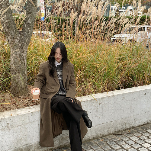 韩版2025秋冬新款休闲羊毛中长款翻领大衣加大码呢大衣外套78641