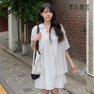 零玖微茗短袖通勤高腰两件套夏季POLO领短裙宽松型A字裙87752